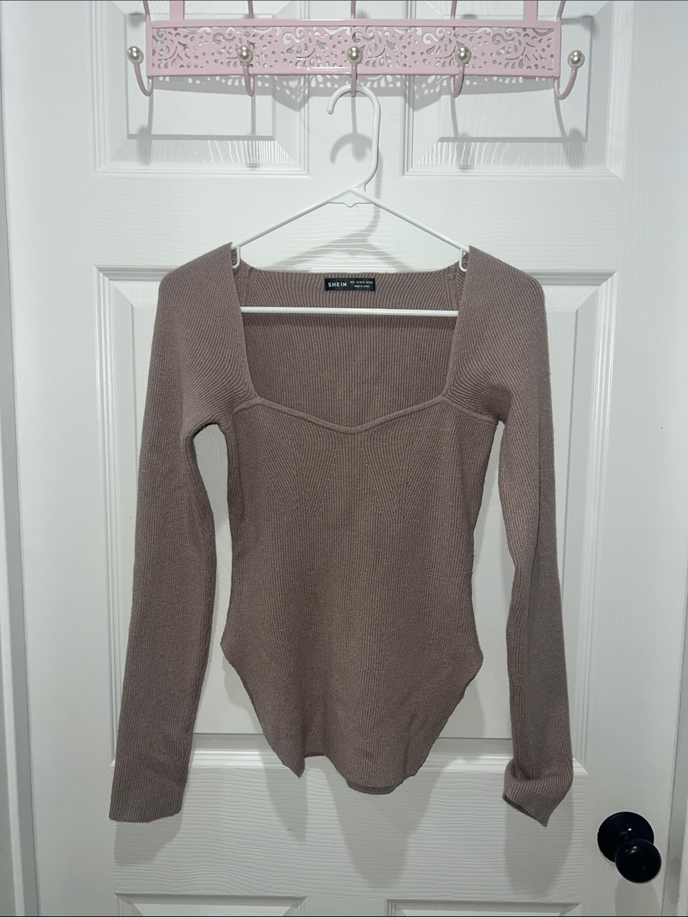 SHEIN Mocha Ribbed Square-Neck Long Sleeve Top